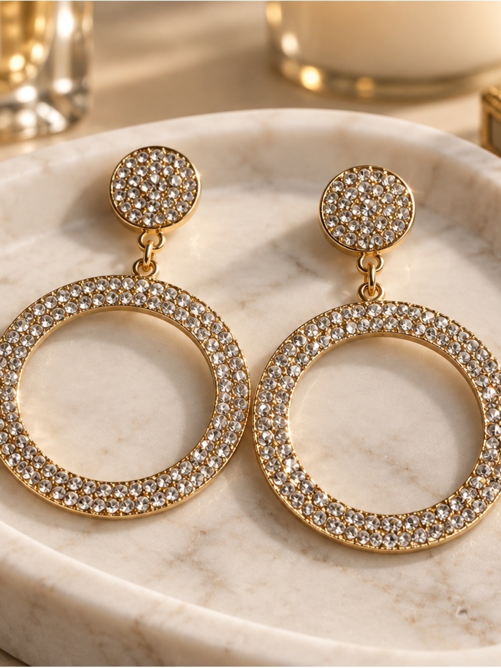 Fashion Jewelry Gold Crystal Pavé Hoop Drop Earrings